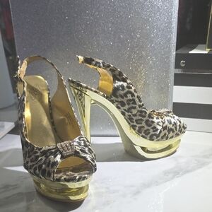 Leopard Print Platform Heels with Gold Accents